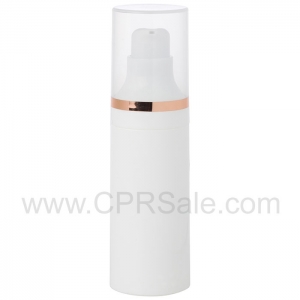 Airless Bottle, Natural Cap with Shiny Rose Gold Band, White Pump, White Body, 30 mL